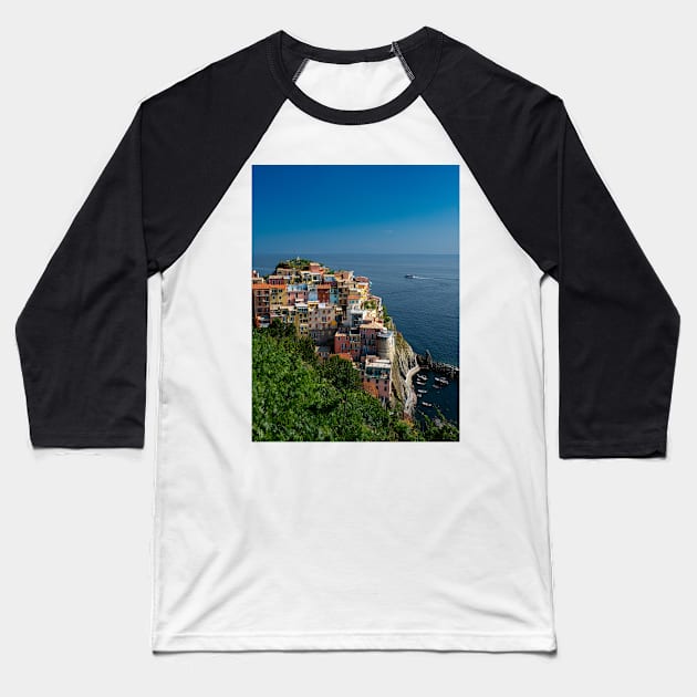 View on the cliff town of Manarola, one of the colorful Cinque Terre on the Italian west coast Baseball T-Shirt by Dolfilms